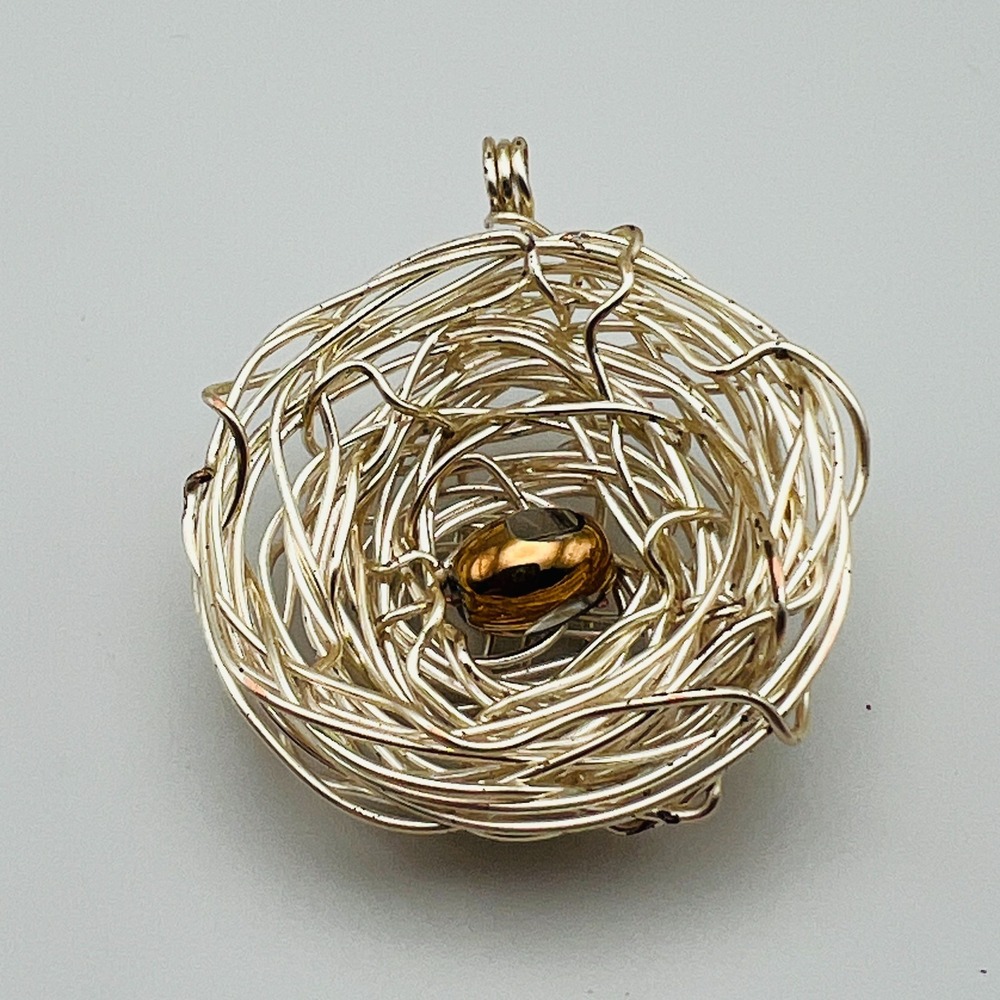 Bird Nest Pendant Sculptural Round Statement Silver Tone Organic Woven Wire
